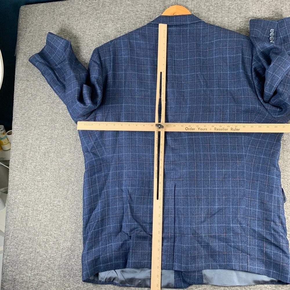 Jack Victor Blazer Jacket Men 54R E Thomas Linen Silk Kingwood Windowpane Blue